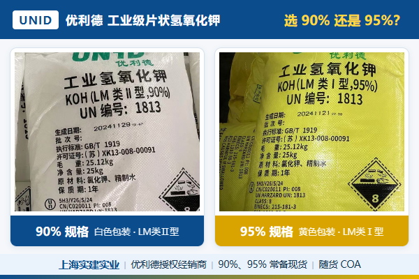 优利德片状氢氧化钾90%与95%规格选型 优利德工业级片状氢氧化钾90%白色包装与95%黄色包装对比图,上海实建实业授权经销商现货供应